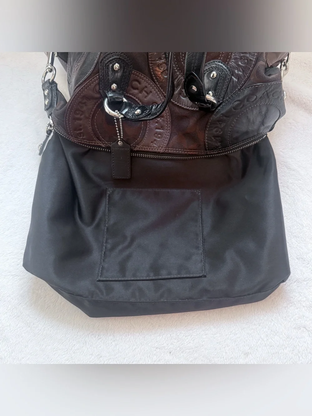 Coach 2010 Chocolate Brown Patchwork Mini Suede Patent Leather Duffel Purse EUC